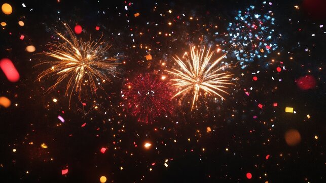 Colorful fireworks display exploding in the night sky with festive particles