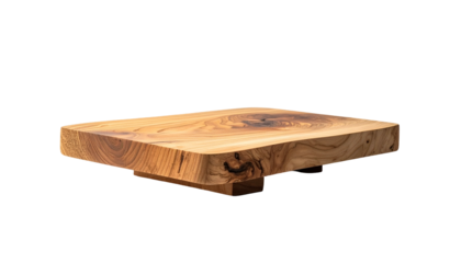 A rustic wooden cutting board, with visible grain and a smooth surface. It stands on a dark, isolated background
