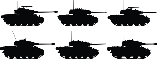 Tank silhouette vector set, side view armored vehicles, military transport icons, turret and cannon variations, stock illustration for catalog © LITON