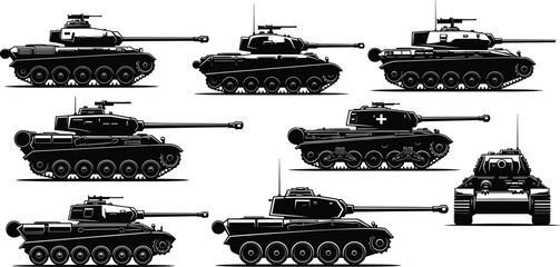 Tank silhouette vector set, military vehicle icons, side and front views, armored transport graphics, war machine design elements, stock illustration © LITON