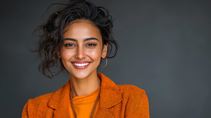 Smiling Young Woman with Curly Hair in Bright Fashion: Vibrant Lifestyle Portrait