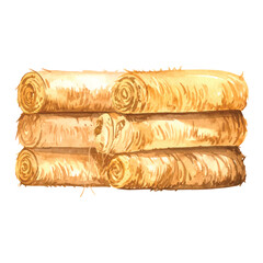 Stack of rolled hay bales in watercolor on white background straw vector illutrastion transparent background