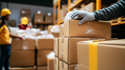 Volunteers prepare aid boxes with food staples for distribution in a warehouse setting during a food assistance event
