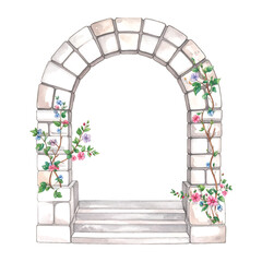 Stone Archway with Steps and Flowering Vines on White watercolor vector illutrastion transparent background