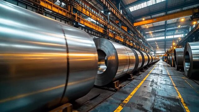 Long rows of large metal rolls sit in a factory, ready for use.