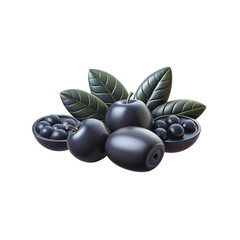 Dark Fruit and Leaf Illustration Featuring Olives, Berries, Branches, and Glossy Botanical Food Elements