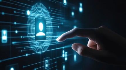 Digital recruitment process shows human finger interacting with glowing profile card in a modern setting