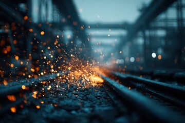 Bright sparks flying from industrial metal grinding on railway tracks