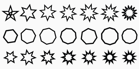 Black starburst and polygon shapes isolated on transparent background