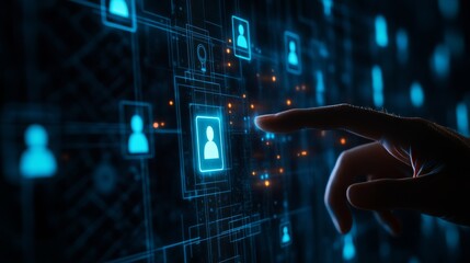 Digital recruitment concept shows a finger interacting with a glowing profile card in a minimal futuristic interface for candidate selection in a modern setting