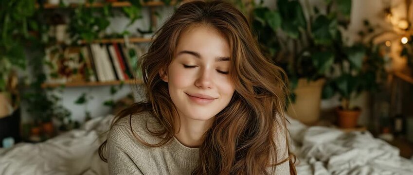 A young adult's portrait A white woman with long hair and a neutral expression is seated on a bed and gazing at the camera while surrounded by books and plants.