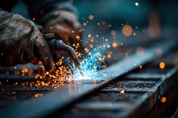 Close up of welder working on metal with blue electric arc and orange sparks