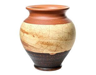 Earthenware pot with brown, beige, and dark brown bands, cracks visible on beige