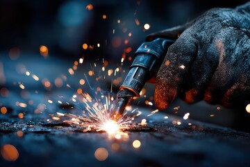 Welder's gloved hand with electric arc welding sparks