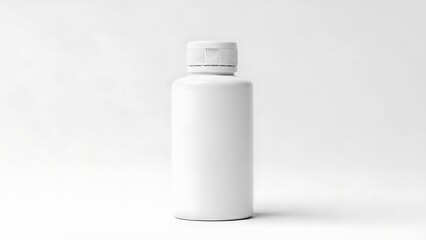 White cosmetic bottle with cap on plain background, product packaging