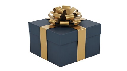Dark Blue Gift Box with Gold Ribbon and Bow on White Background present navy