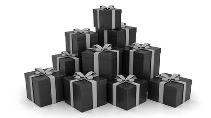 Pyramid Stack Of Black Gift Boxes With Silver Ribbons On White Background i1tnb5fjsoqahg3kpsg63q