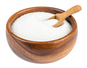 Close-up of white, granulated substance in a wooden bowl with small wooden scoop