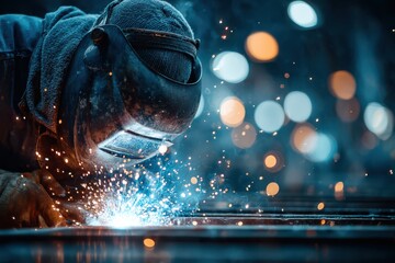 Welder creating bright sparks and light while working in an industrial setting