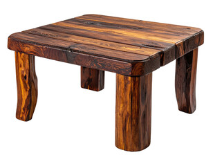 Rustic, square wooden table with thick, cylindrical legs; rich, dark wood grain
