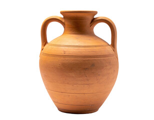 A terracotta amphora, two handles, cylindrical body, a classic antique aesthetic, set against black