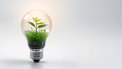 A transparent light bulb containing a growing green plant, symbolizing eco innovation, renewable energy, sustainability, and creative green technology ideas on a clean white background.