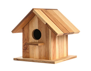 Wooden birdhouse, natural wood grain, front view against a stark black background