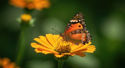 Obraz premium Butterfly on bright yellow flower, green backdrop