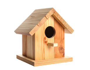 Wooden birdhouse with a round entrance hole, perch, and pitched roof against a transparent background