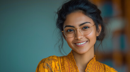 Smiling Young Woman in Glasses: Confident Portrait of a Happy Brunette in Yellow Attire
