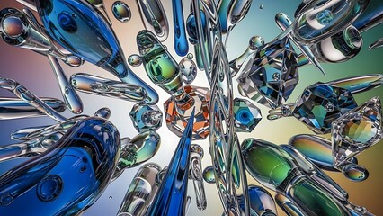 Colorful glass and crystal shapes floating in mid air with rainbow background