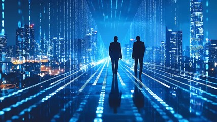 Two business people walk down a futuristic digital city path. - Powered by Adobe