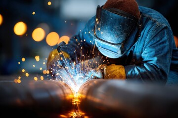 Man in welding mask joining metal with bright sparks