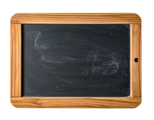 Wooden framed chalkboard with a dark surface, isolated on a black background