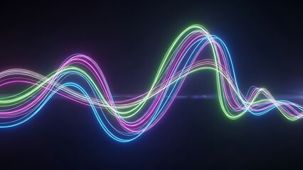 Multicolored neon light trails in wave pattern on dark background colorful