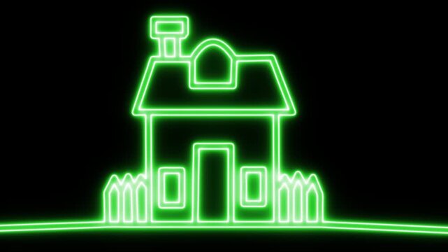 Glowing  neon green house with fense isolated on black background. HD motion graphic animation