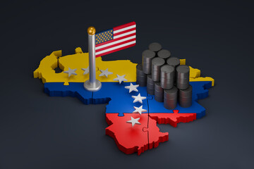 Plakat United States flag on Venezuela map with oil barrels