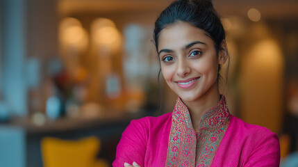 Smiling Brunette Woman in Pink Attire Seated in Modern Ethnic Portrait with Confidence and Style