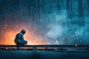 Worker grinding metal with fiery sparks in industrial setting