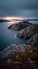 Lighthouse stands on rocky coast at sunset in Norway