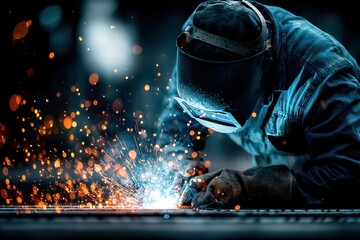 Industrial man welder creating bright sparks and blue light while working on metal in dark workshop