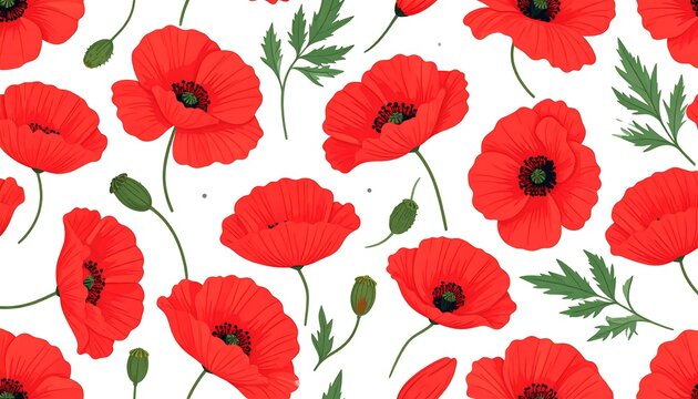 A vibrant seamless pattern features scarlet poppy blossoms, buds, and green leaves on a pristine white background