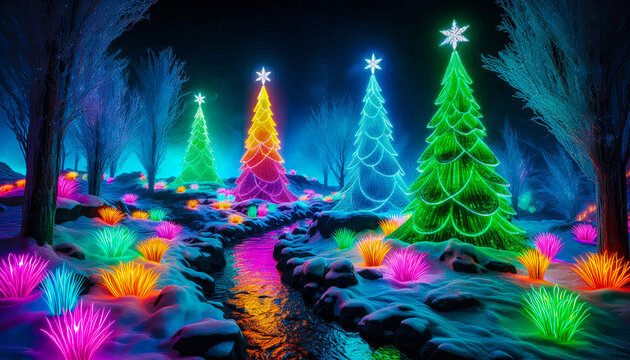 Vibrant composition of glowing neon trees in a magical winter wonderland