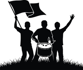 Three people with flag and drum silhouette isolated on transparent background