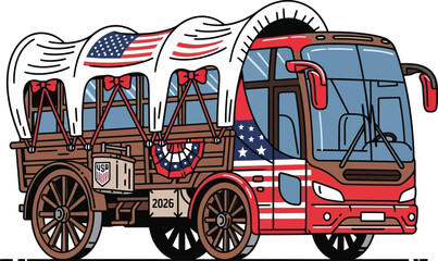 Patriotic bus with conestoga wagon isolated on transparent background