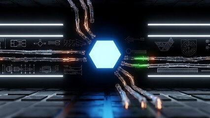 Glowing blue hexagon surrounded by metallic tubes and circuit diagrams on a dark background glowing light