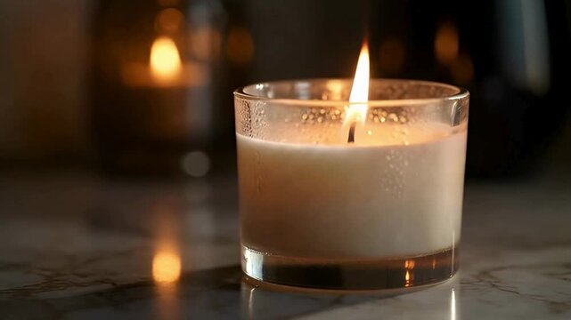 A close-up captures a lit candle in a glass container. Its warm glow illuminates the surrounding space with a sense of peace and serenity.