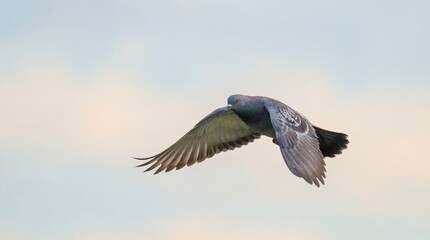 Obraz premium Pigeon In Flight Gliding Through A Soft Blue Sky With Faint Clouds At Dusk