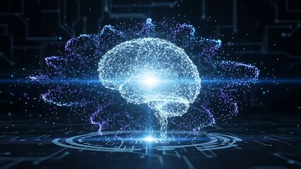 Glowing digital brain with circuit board background and purple particles glowing brain