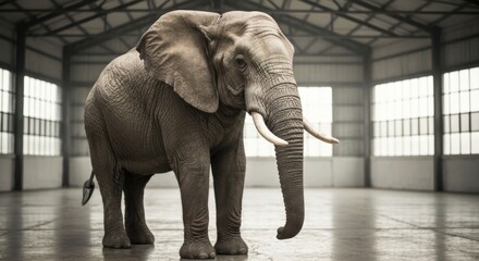 Fototapeta premium Elephant alone indoors, large windows behind